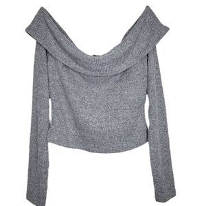 Bar III Off The Shoulder Ribbed Gray Crop Long Sleeve Top XS